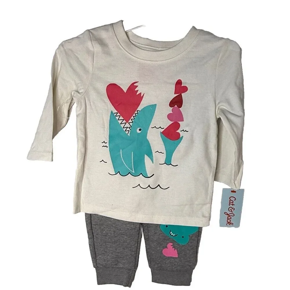 Cat & Jack Infant Boys Shark Valentines Outfit Pants Sweatshirt Cream Gray NEW!